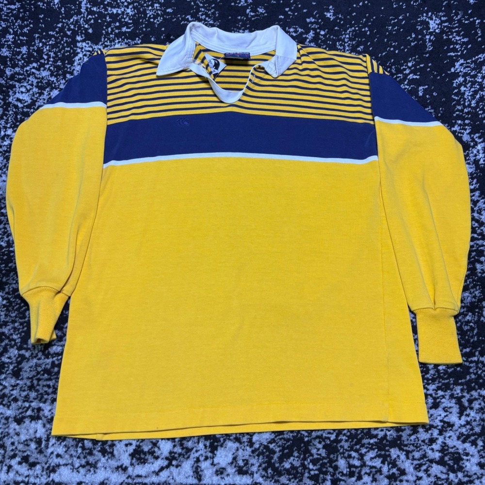 Vintage Canterbury of New Zealand Rugby Shirt Mens XL Yellow Navy Striped Polo